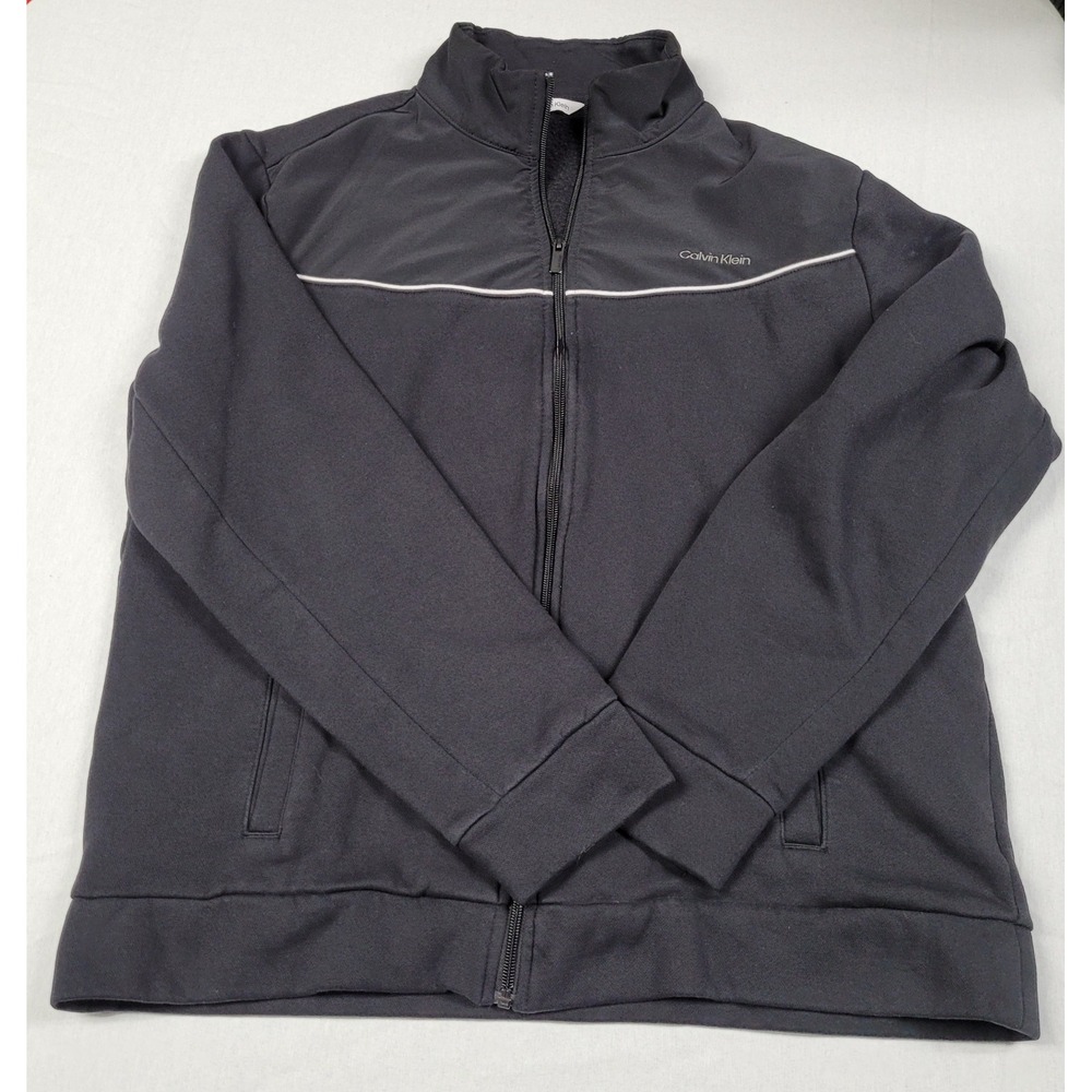 Calvin Klein Men's Full Zip Track Jacket Black Mock Neck Piping Sweatshirt L